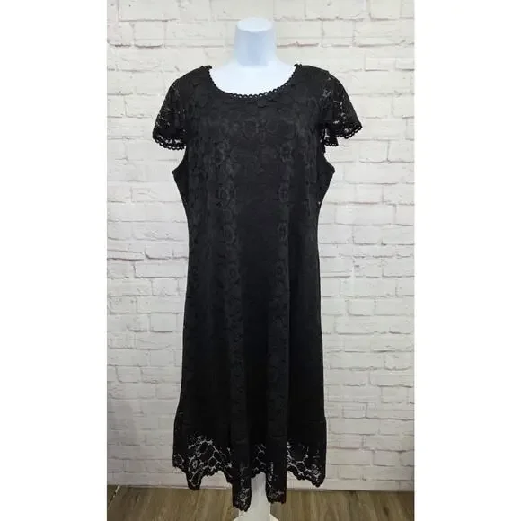 LARGE BLACK A591688 Isaac Mizrahi Live Regular Lace Dress with Lattice Trim LARGE BLACK A591688 Isaac Mizrahi Live Regular Lace Dress with Lattice Trim